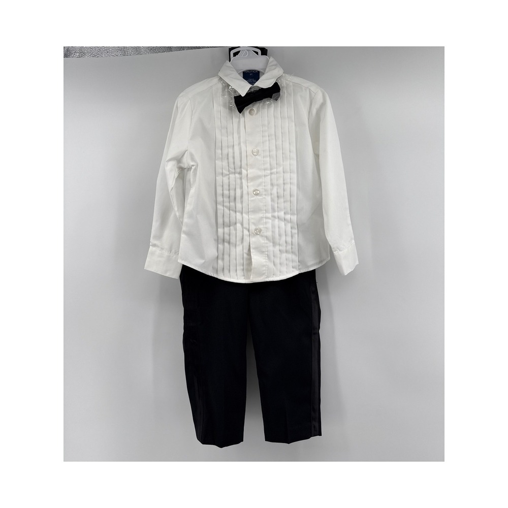 Nautica Toddler Boys 3 Piece Tuxedo Set White Pleated Shirt Black Pants 3T NWOT